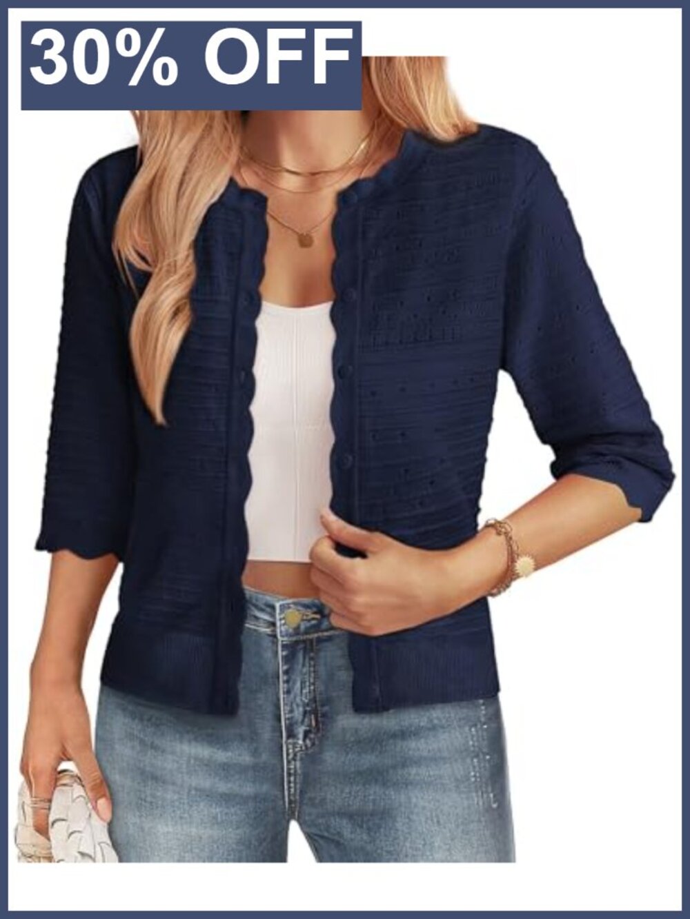 Womens 3/4 Sleeve Cropped Cardigan Lightweight Crochet Shrug Button Down